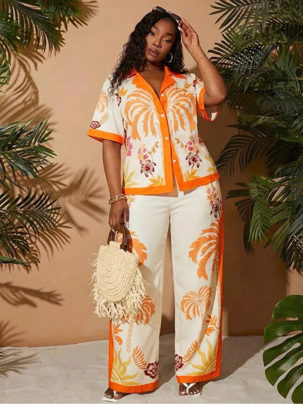 Women’s Orange Palm-Print Wide-Leg Jumpsuit Set